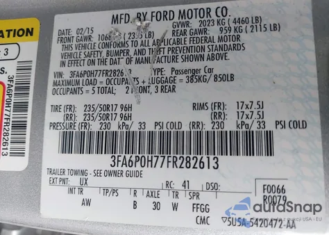 2015 Ford Fusion Se из США, поврежденный, VIN 3FA6P0H77FR282613
